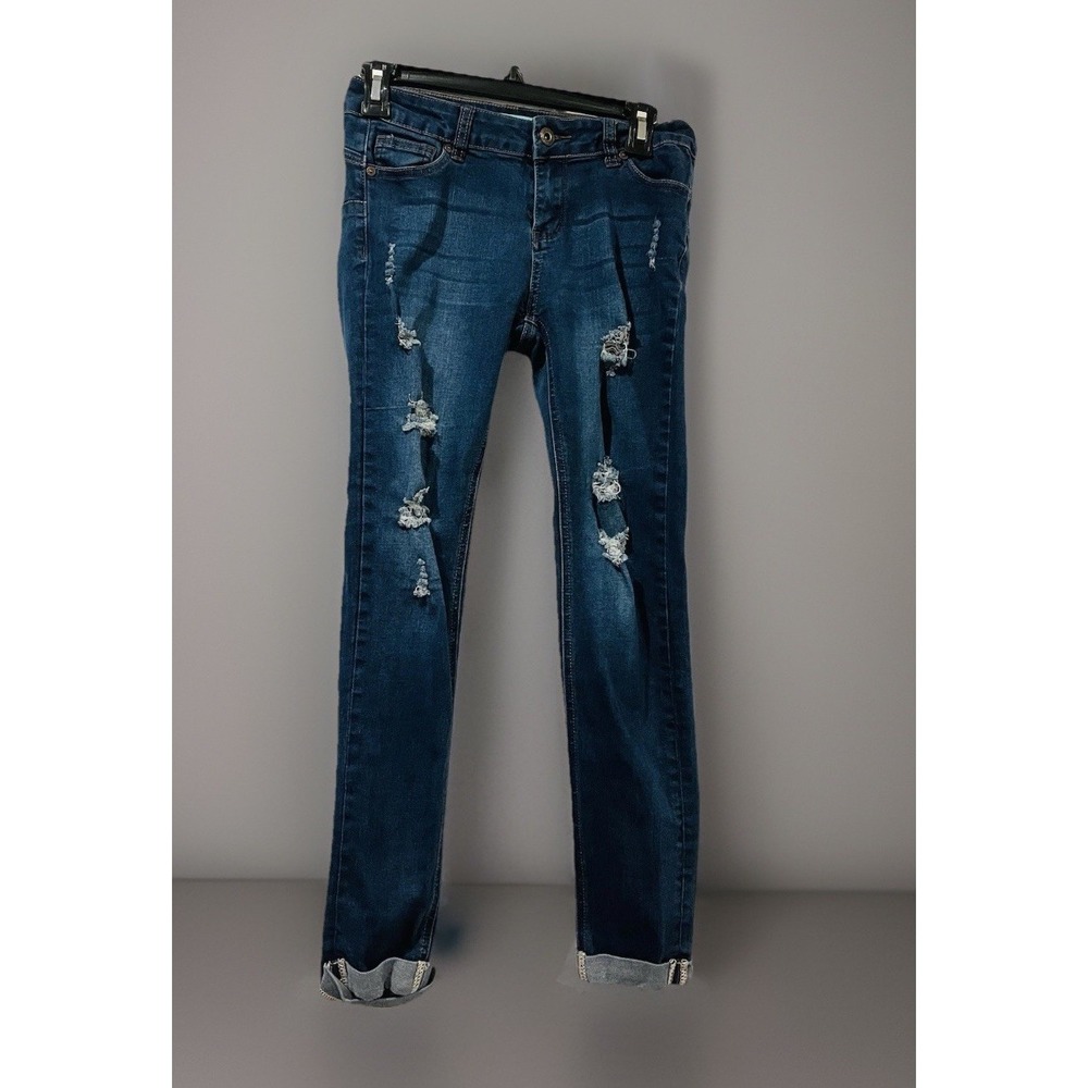 Wax Jean Womens Butt I Love You Skinny Jeans Blue Distressed Whiskered Denim 3‎
